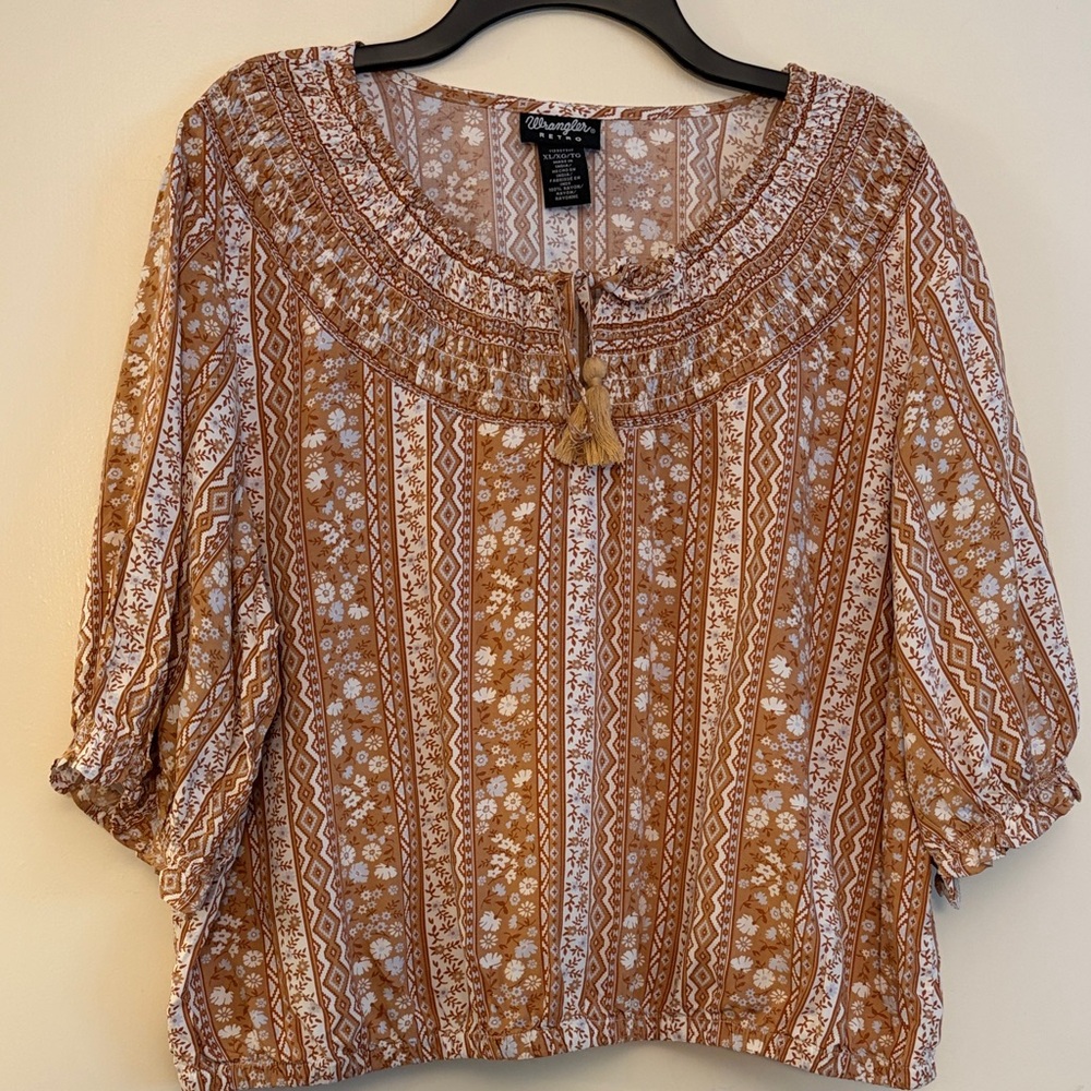 3‎ for $25! Wrangler Retro Women's Rust and White Boho Tassel Peasant Blouse, XL